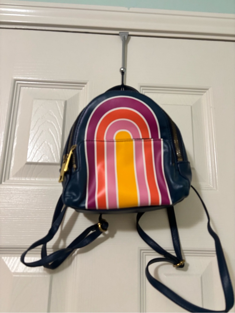 Fossil Navy Mini Backpack with Pink, Orange and Yellow Arch. Wallet included
